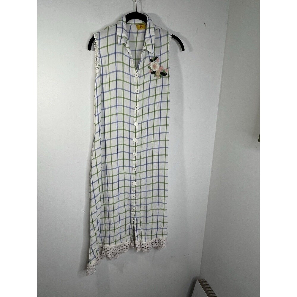 Ateesa Y2K VTG Embroidered Cottage Core Gingham Lace Window pane Plaid Dress L